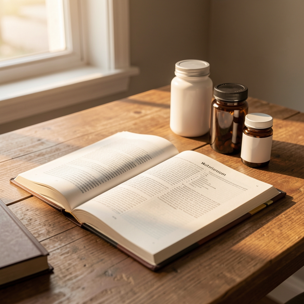 Open nutrition journal on a wooden desk with supplement containers, editorial composition in warm morning light